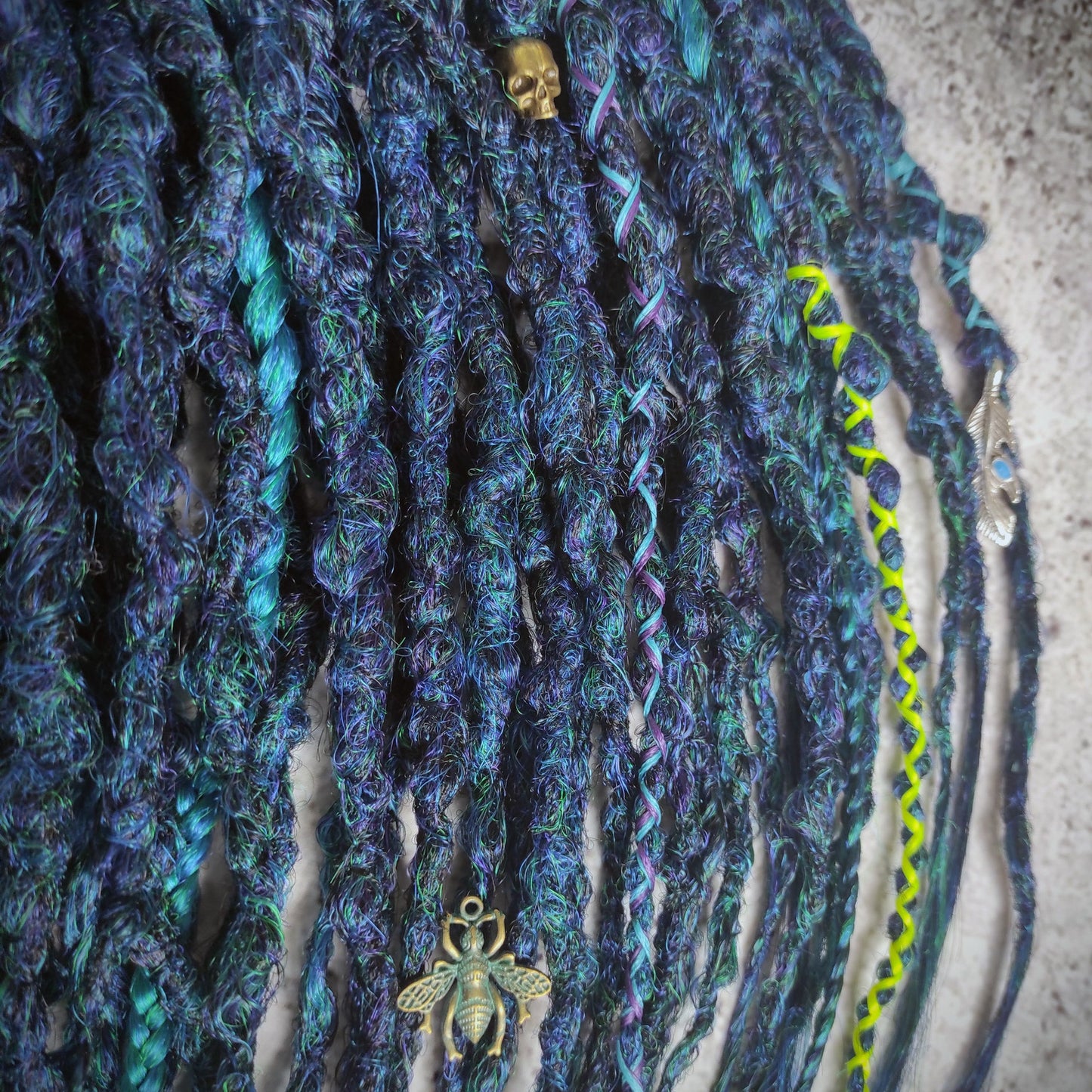 Dark Green Blue Dreads with Braids. Emerald Synthetic Dreads Extensions.