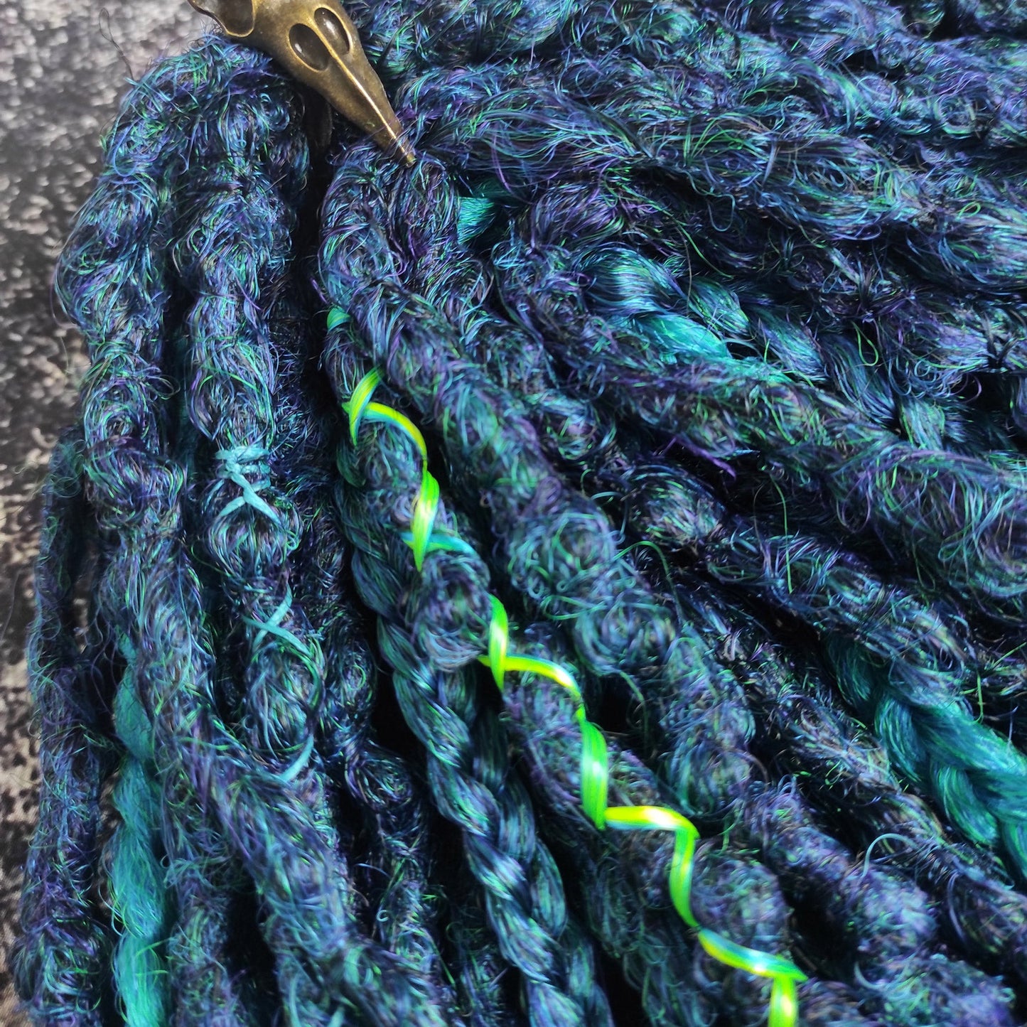 Dark Green Blue Dreads with Braids. Emerald Synthetic Dreads Extensions.