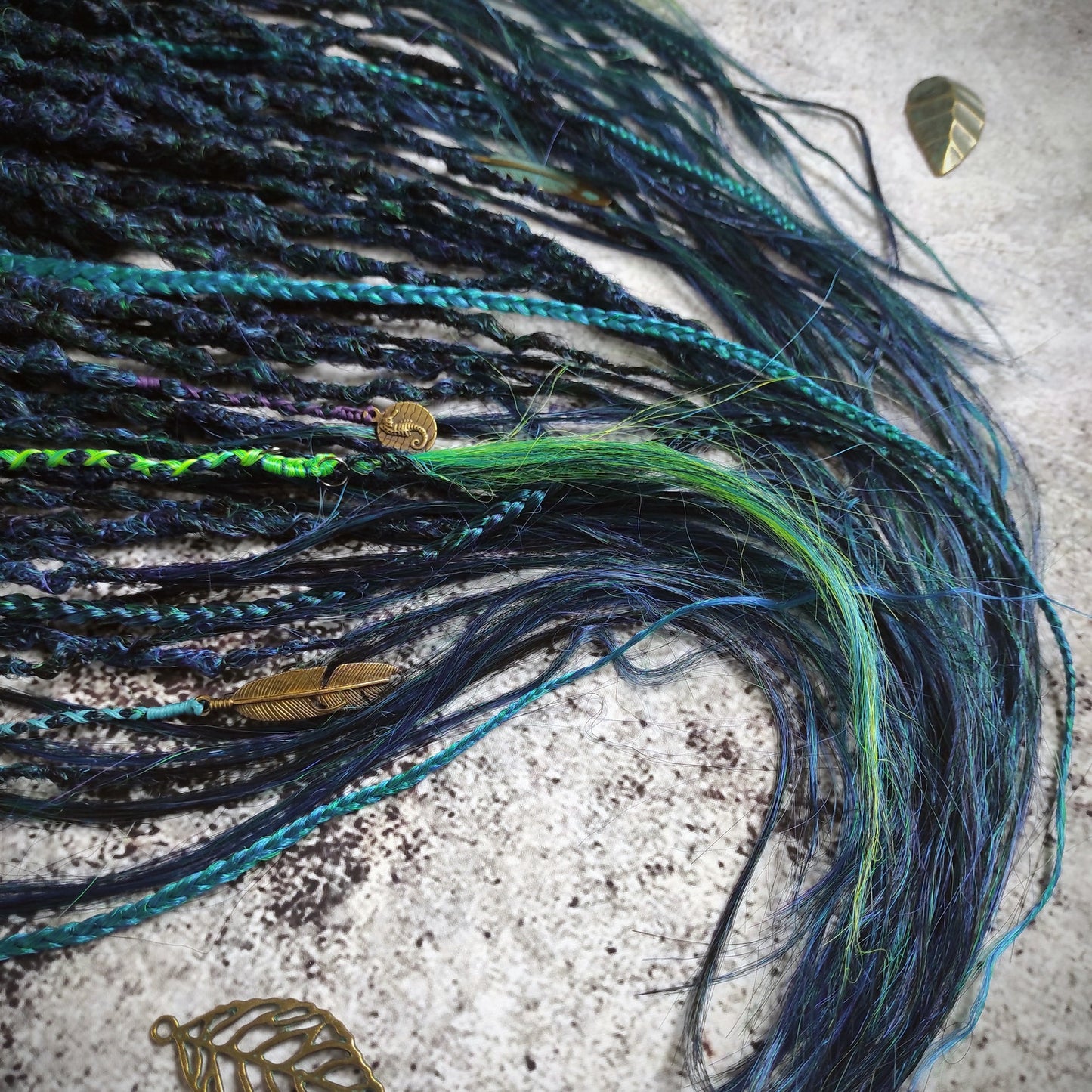 Dark Green Blue Dreads with Braids. Emerald Synthetic Dreads Extensions.