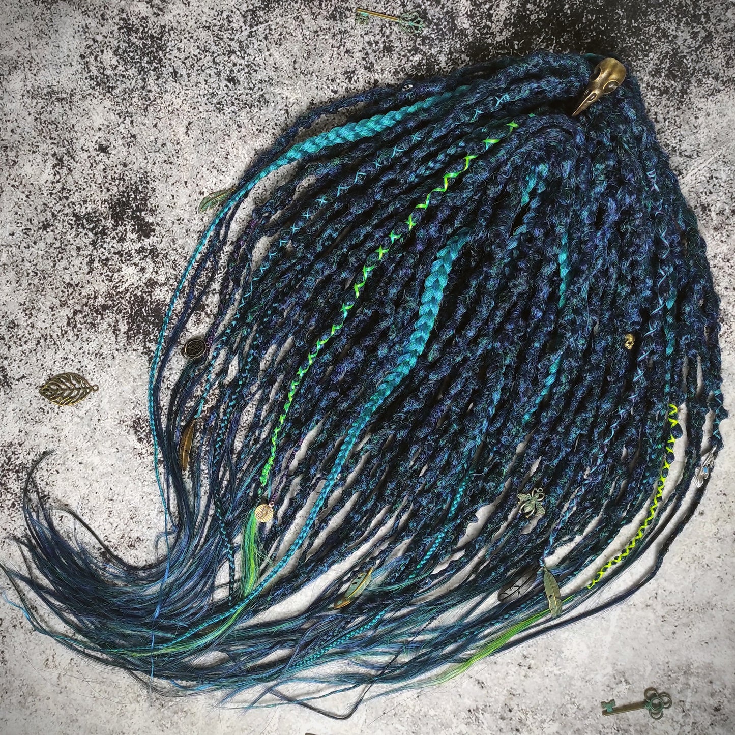 Dark Green Blue Dreads with Braids. Emerald Synthetic Dreads Extensions.