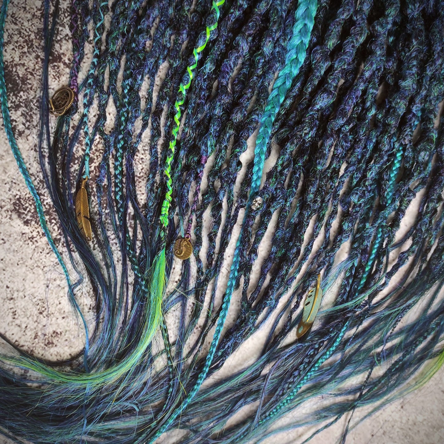 Dark Green Blue Dreads with Braids. Emerald Synthetic Dreads Extensions.