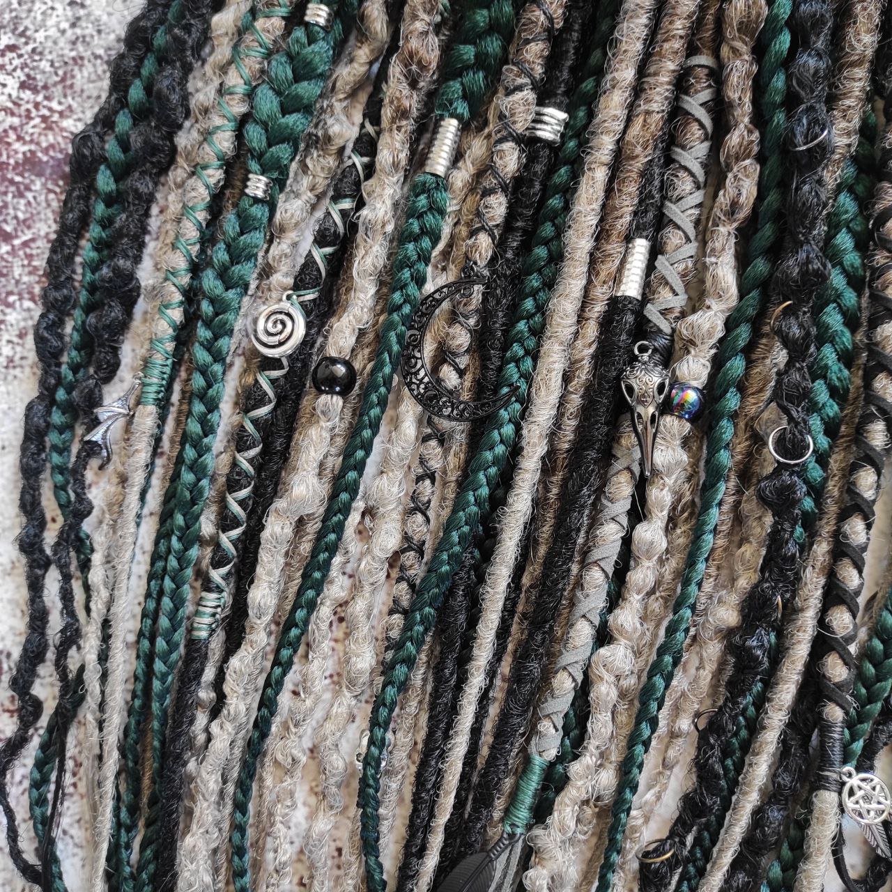 Dark Forest Elf Dreads Gray Black and Green Braids