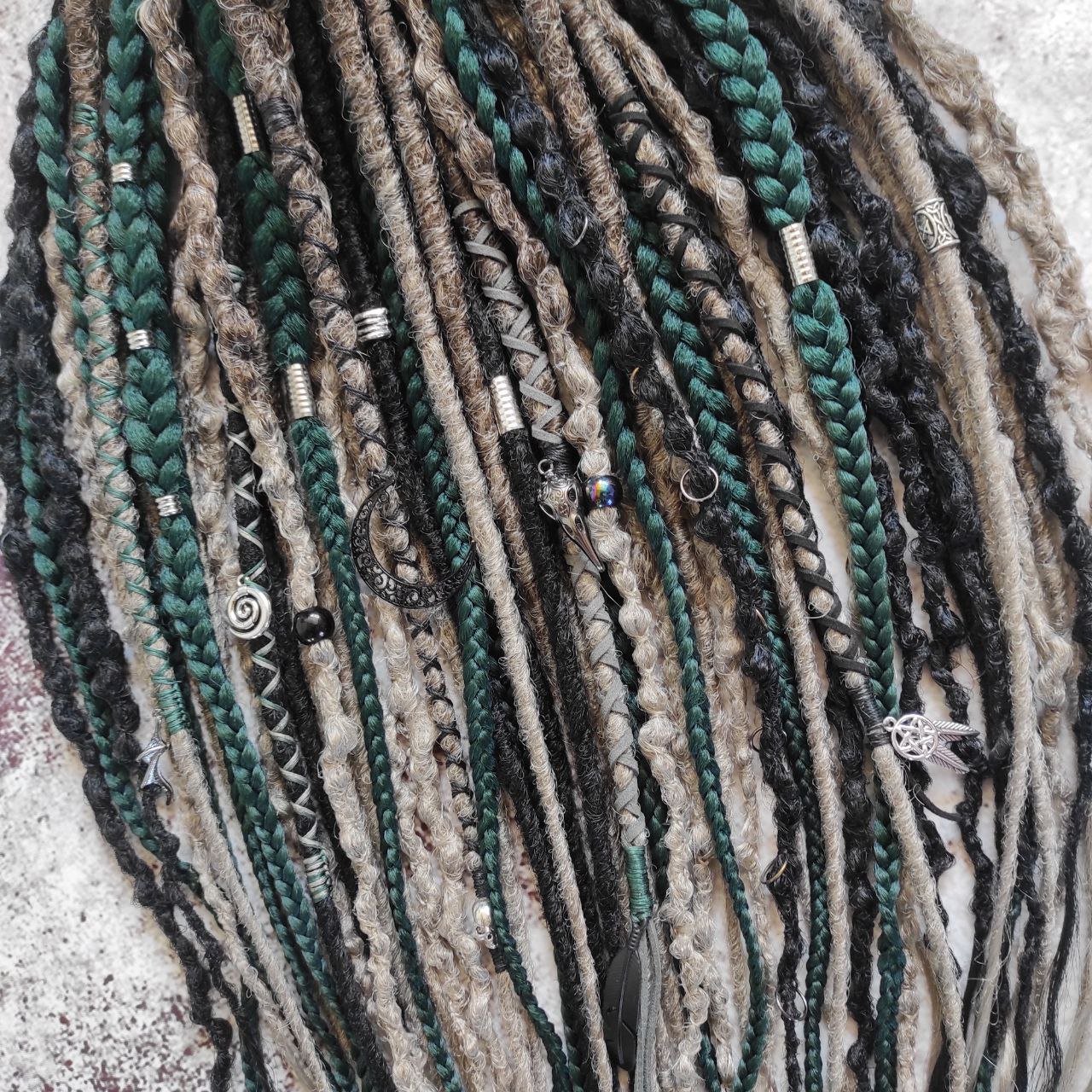 Dark Forest Elf Dreads Gray Black and Green Braids