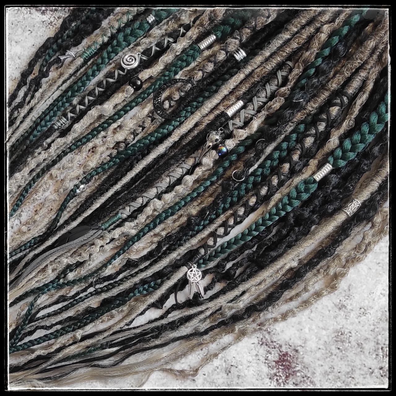 Dark Forest Elf Dreads Gray Black and Green Braids