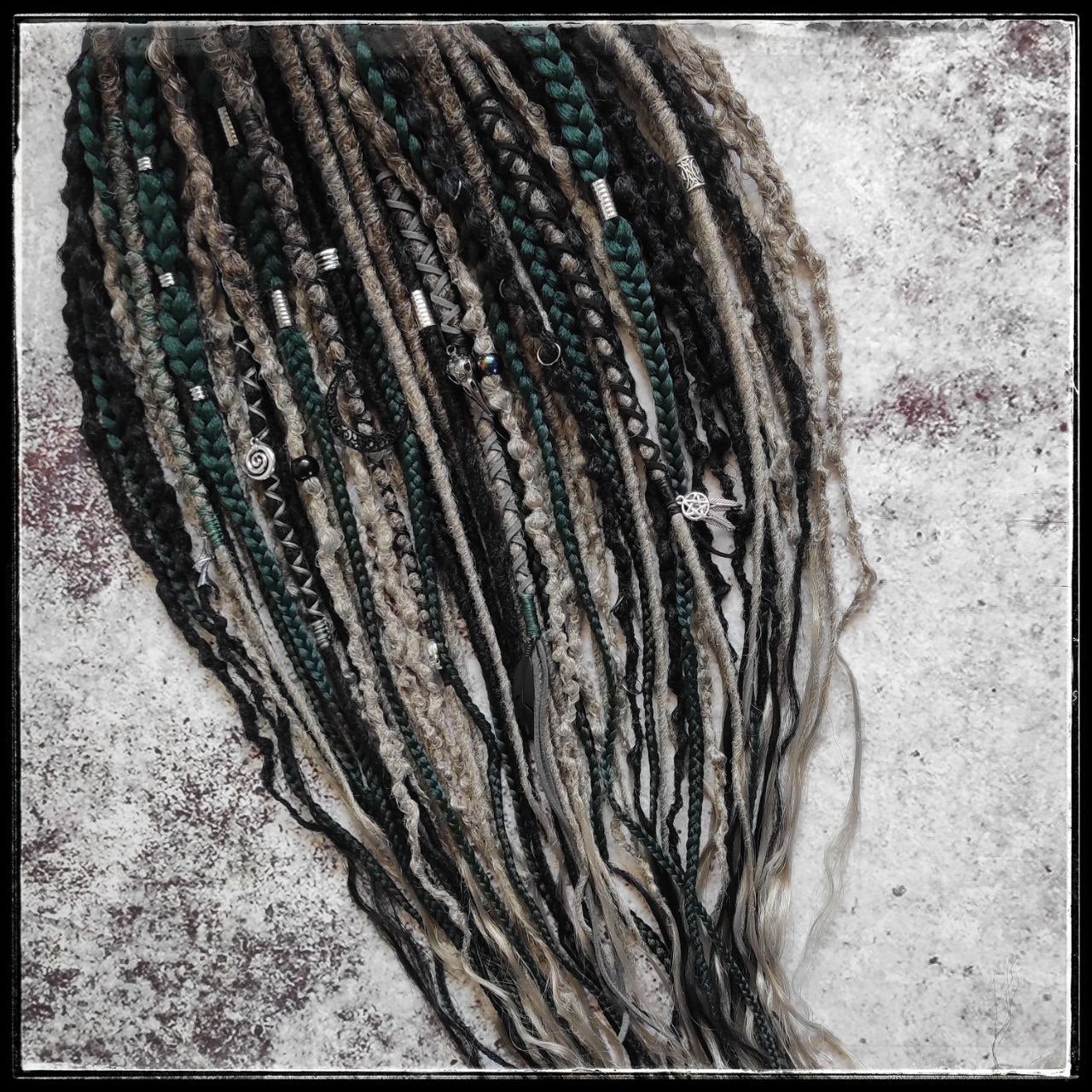 Dark Forest Elf Dreads Gray Black and Green Braids