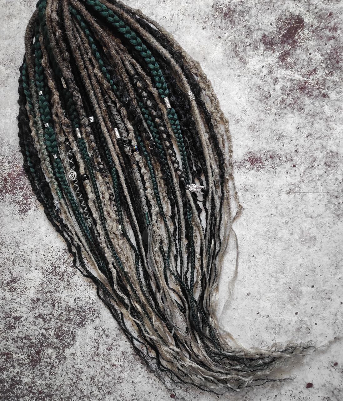 Dark Forest Elf Dreads Gray Black and Green Braids