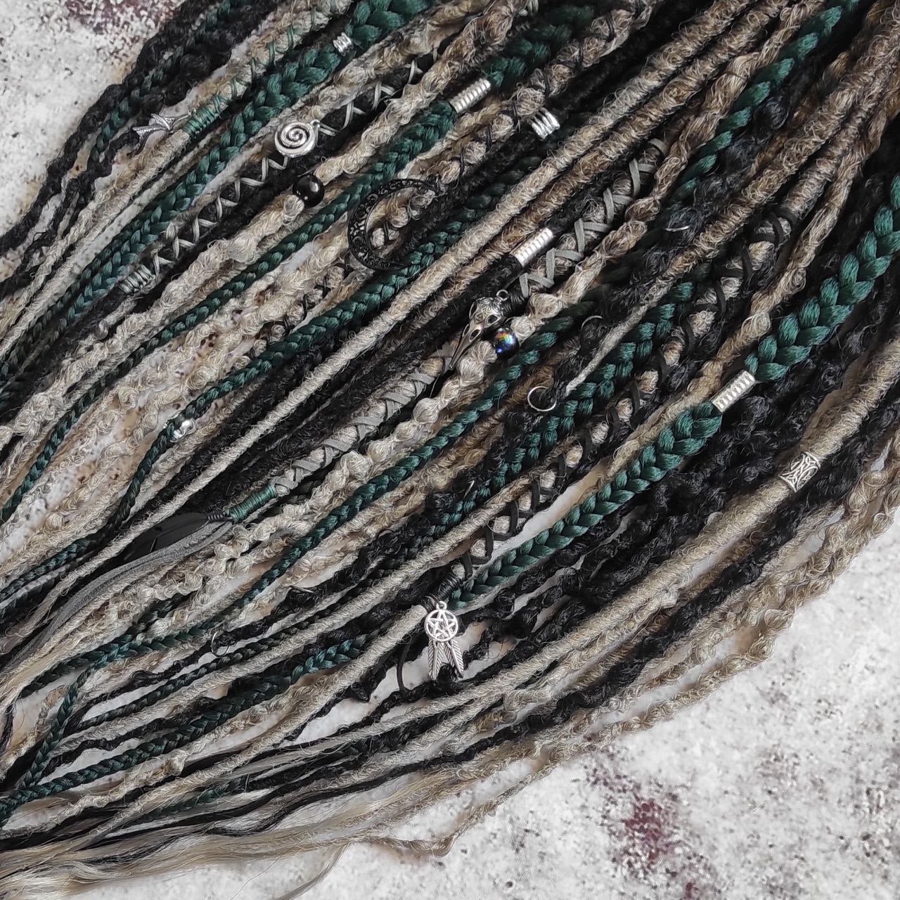 Dark Forest Elf Dreads Gray Black and Green Braids