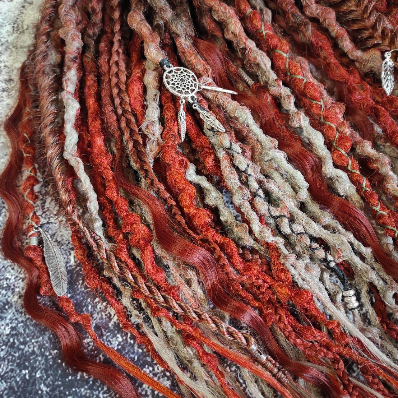 Red Ginger and Gray Ombre Synthetic Dreads with Curls