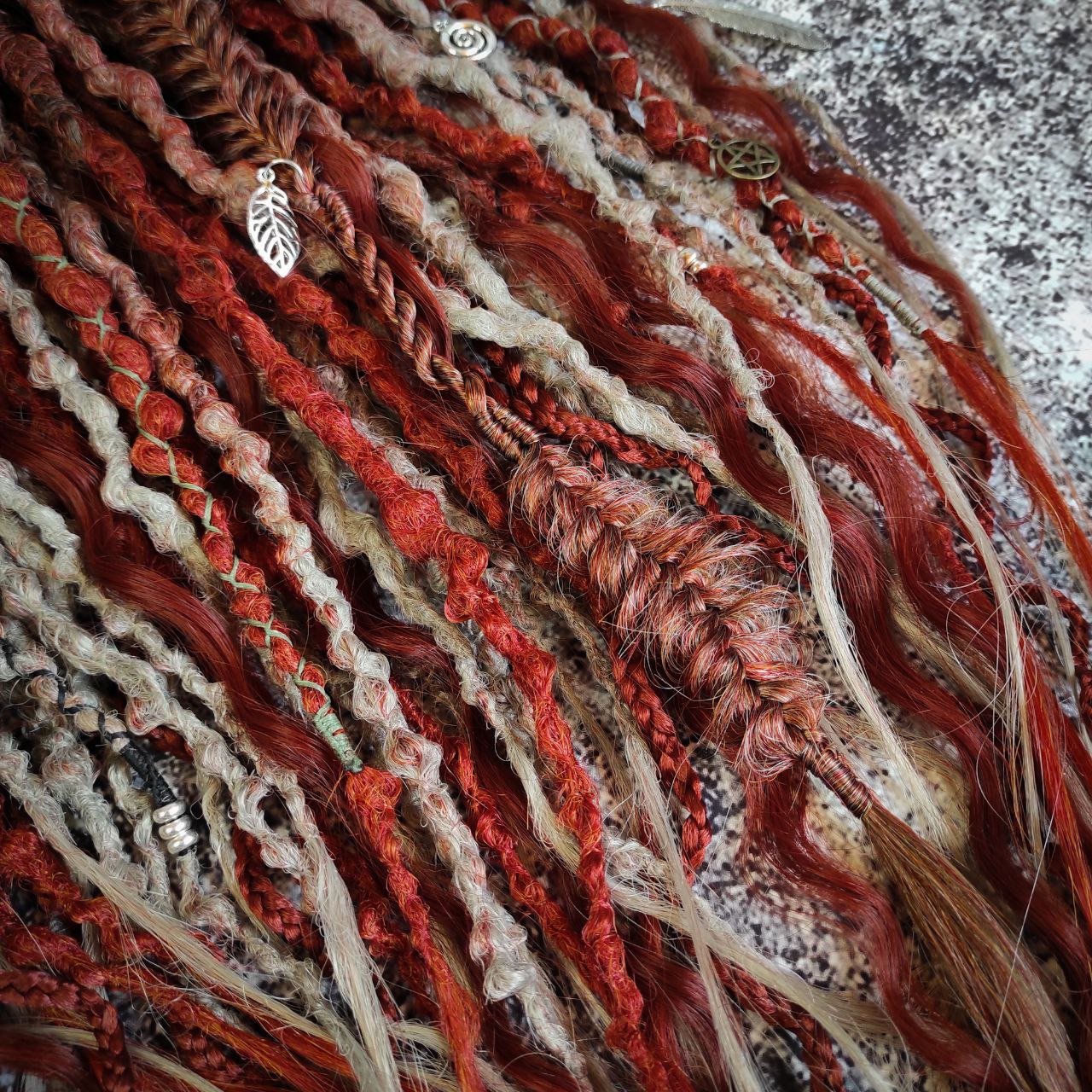 Red Ginger and Gray Ombre Synthetic Dreads with Curls