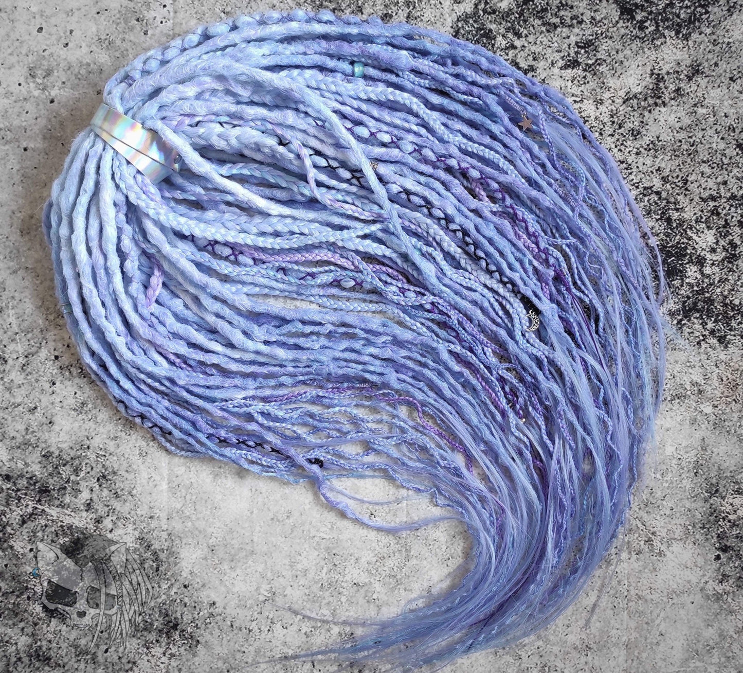 Custom ombre synthetic dreads with braids, transitioning from white to purple