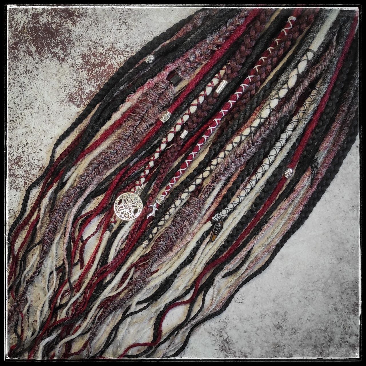 Crochet Synthetic Dreads Black Red and Grey with different Braids and Goth Witchy Decorations