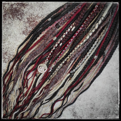 Crochet Synthetic Dreads Black Red and Grey with different Braids and Goth Witchy Decorations