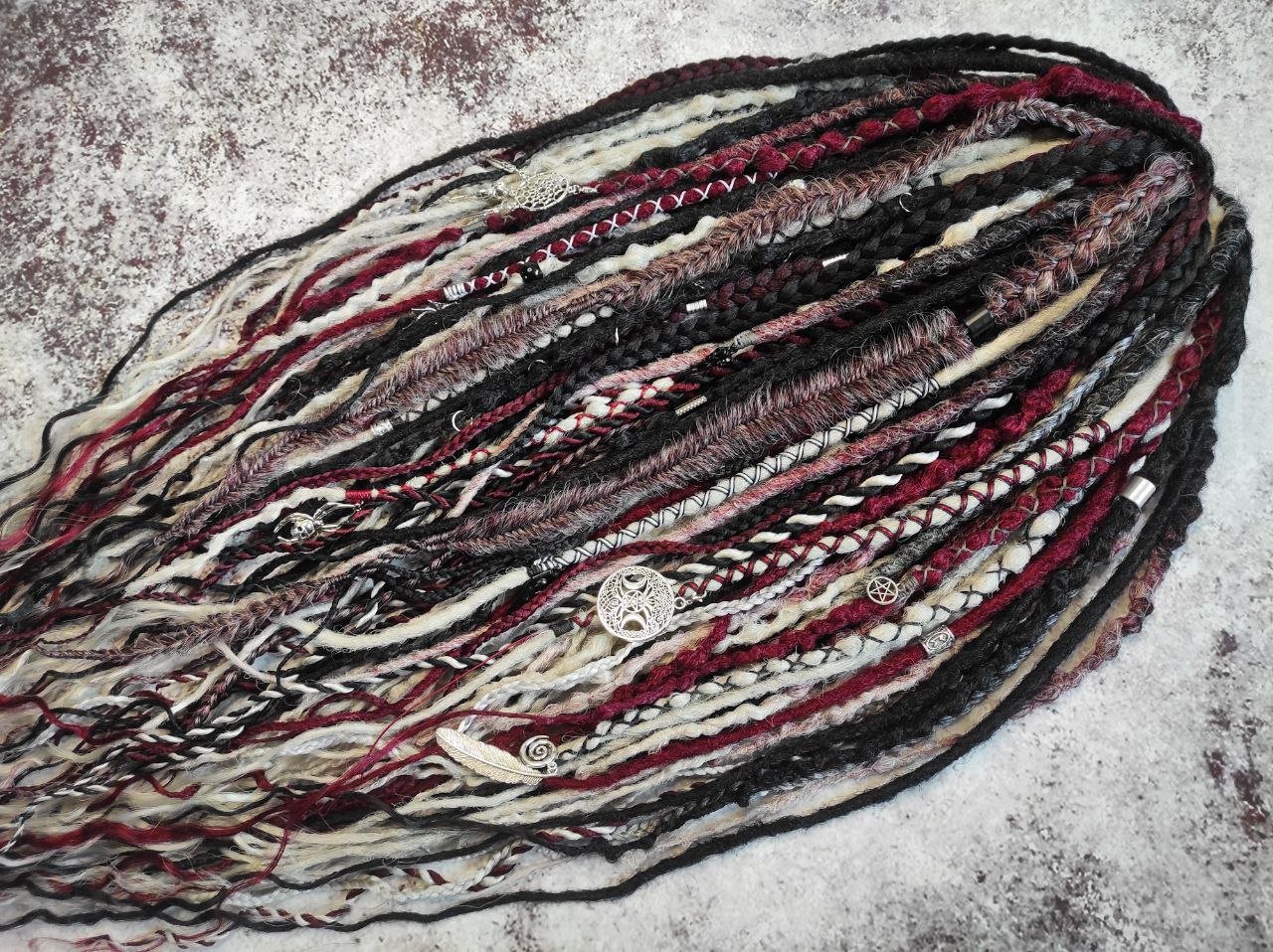 Black Red Grey and Ombre to Red and Grey Synthetic Dreads with Different Braids.