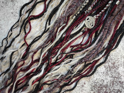 Crochet Synthetic Dreads Black Red and Grey with different Braids and Goth Witchy Decorations
