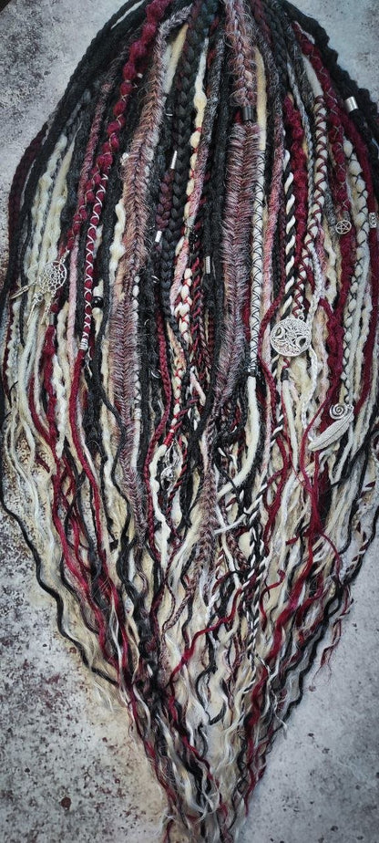Black Red Grey and Ombre to Red and Grey Synthetic Dreads with Different Braids.