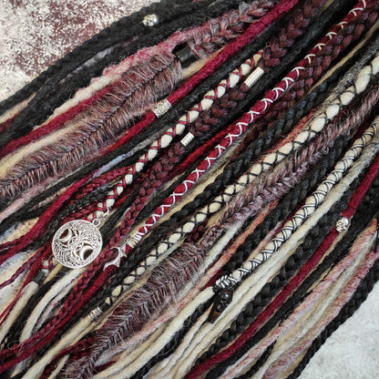 Crochet Synthetic Dreads Black Red and Grey with different Braids and Goth Witchy Decorations