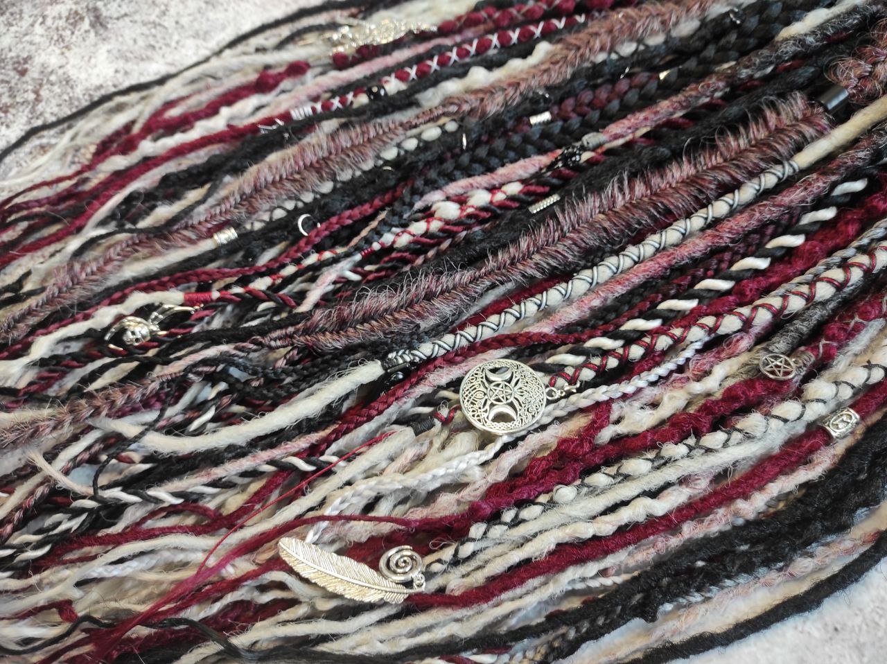 Black Red Grey and Ombre to Red and Grey Synthetic Dreads with Different Braids.