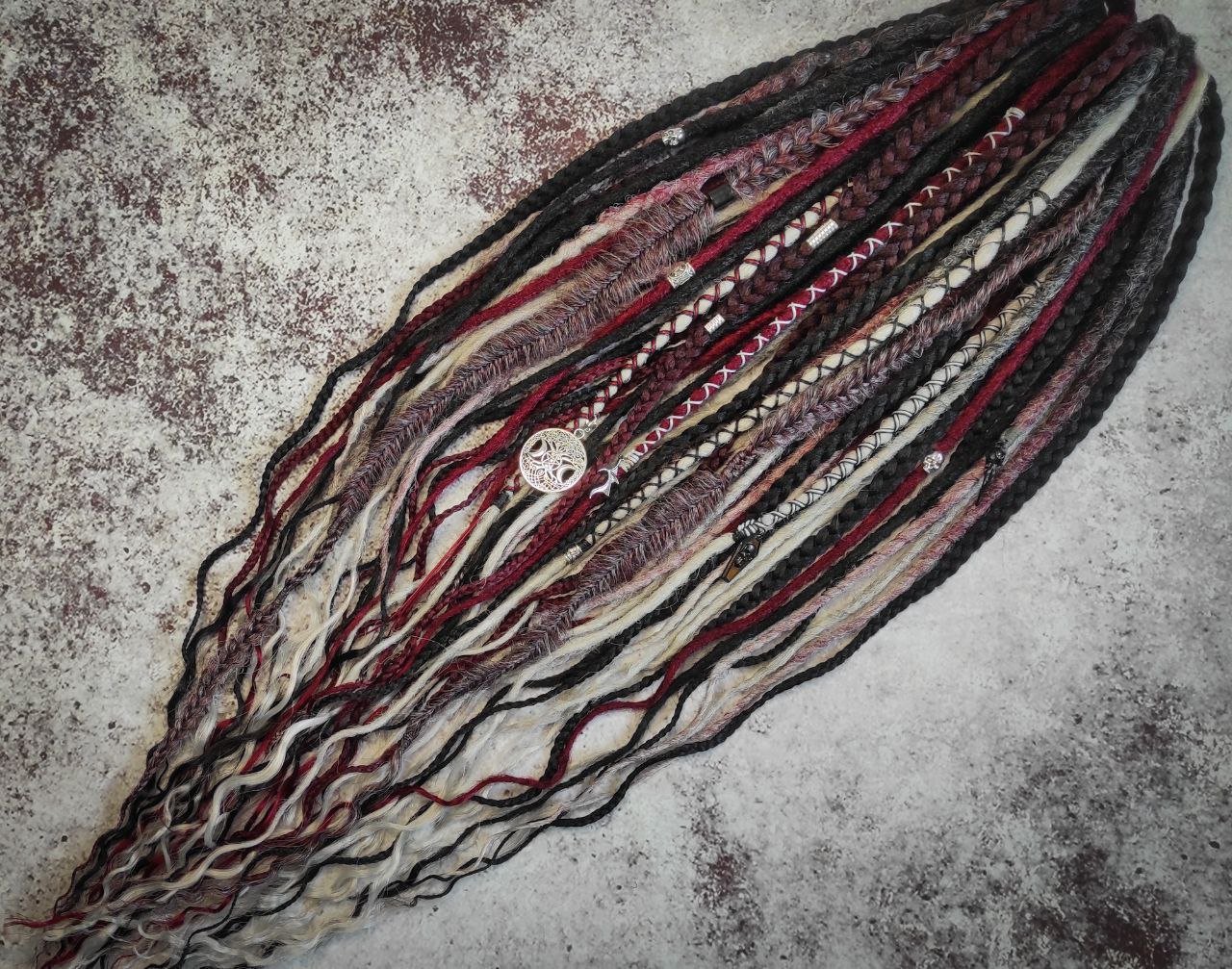 Crochet Synthetic Dreads Black Red and Grey with different Braids and Goth Witchy Decorations