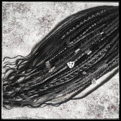 black and dark grey synthetic dreads with braids. Curly Loose Ends and Goth jewelry