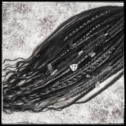black and dark grey synthetic dreads with braids. Curly Loose Ends and Goth jewelry