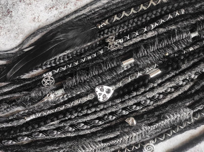 black and dark grey synthetic dreads with braids and goth jewelry