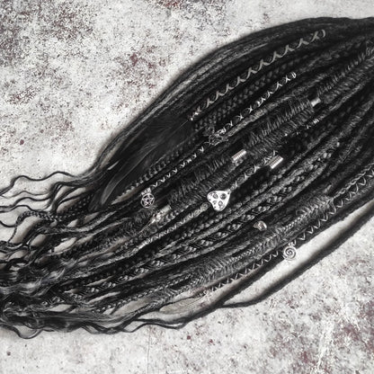 black and dark grey synthetic dreads with braids and goth jewelry