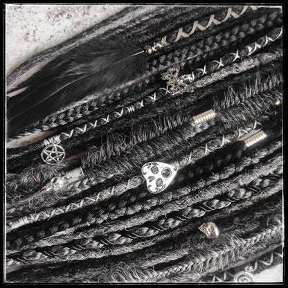 black and dark grey synthetic dreads with braids and goth jewelry