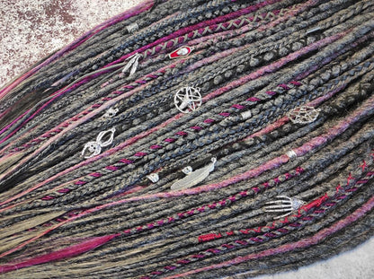 Grey Ashes Dreads and Braids with accents of Magenta and Black
