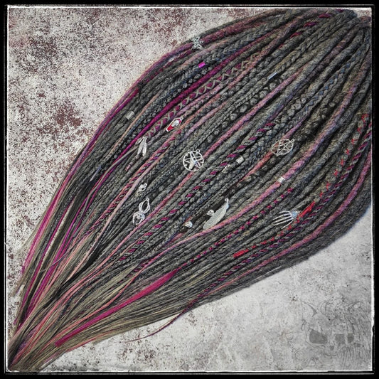 Grey Ashes Dreads and Braids with accents of Magenta and Black