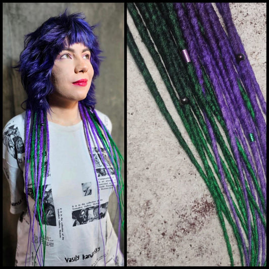Girl with Purple and Purple Green Dreads on the back of her head