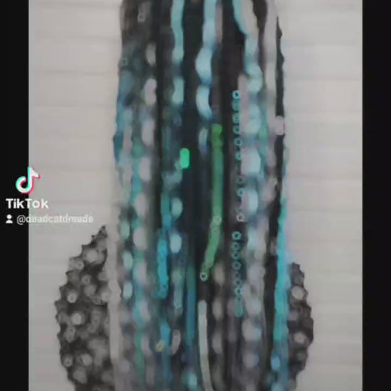 Brown Green Synthetic Dreads with Blue and Gray Curls and Emerald Braids