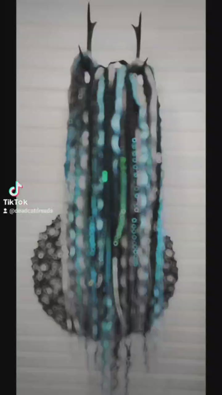 Brown Green Synthetic Dreads with Blue and Gray Curls and Emerald Braids