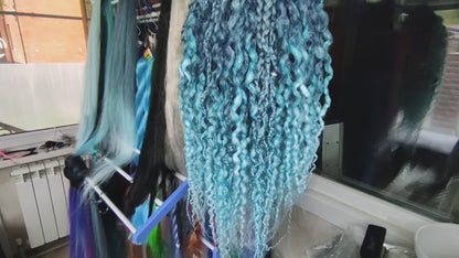 Curly Dreads. Ombre Dark Blue to Mint - Sea Wave