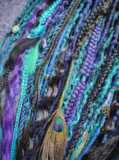 Turquoise Purple Green and Black Ombre Synthetic Dreads with Braids and Curls
