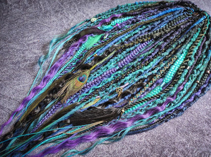 Turquoise Purple Green and Black Ombre Synthetic Dreads with Braids and Curls