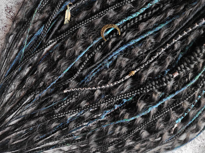 Black and Dark Green Synthetic Dreads with Curls