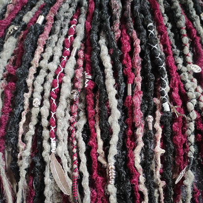Black and Red with Ombre to Red and Grey Synthetic Dreads