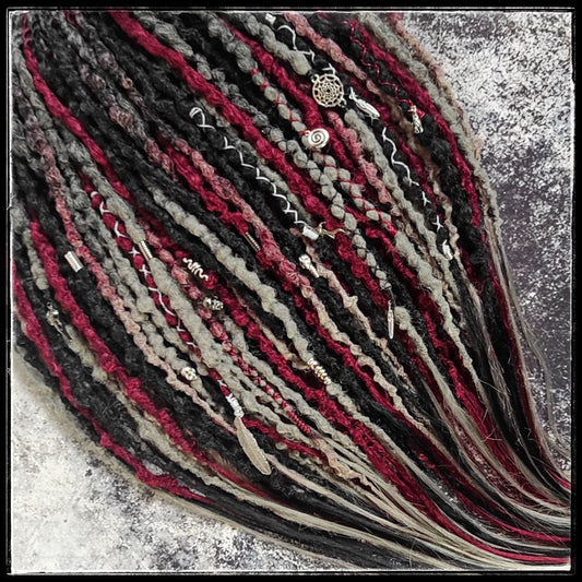 Black and Red with Ombre to Red and Grey Synthetic Dreads