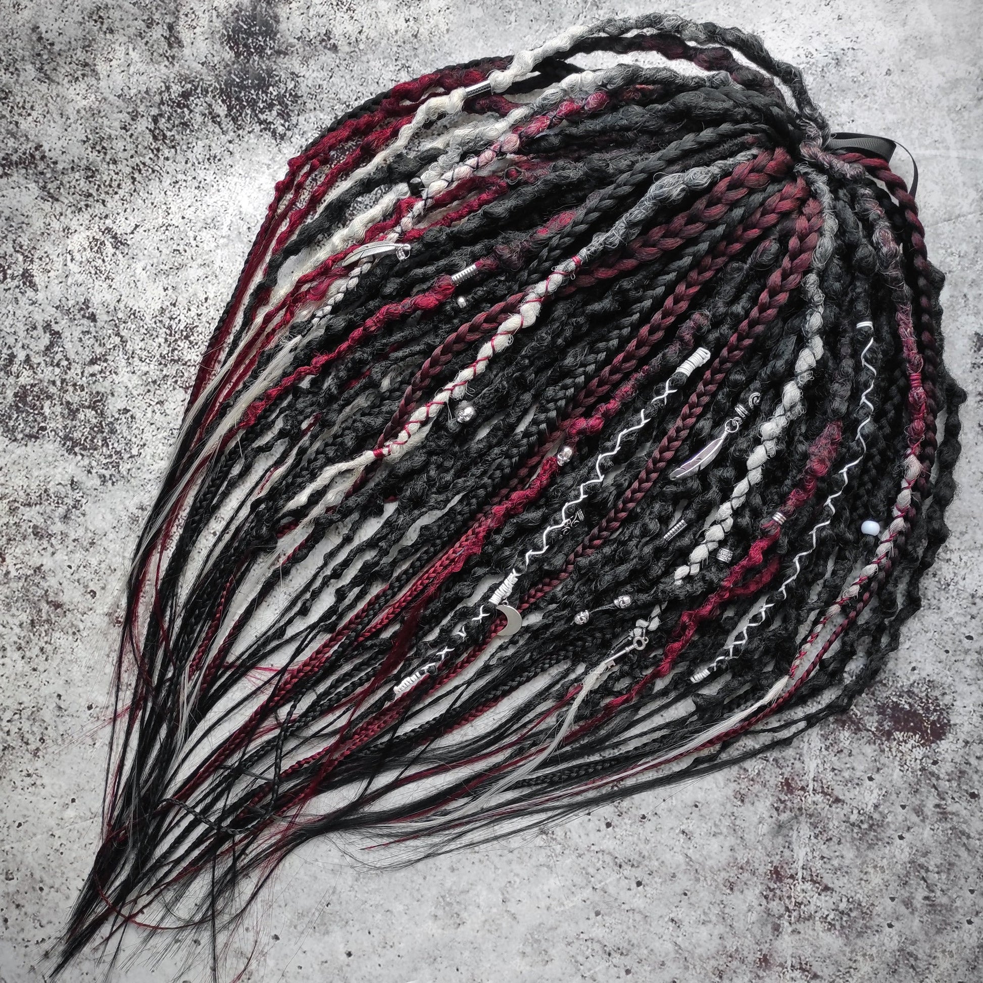 Black Solid with Red and Grey Ombre Synthetic Dreads