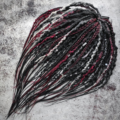 Black Solid with Red and Grey Ombre Synthetic Dreads