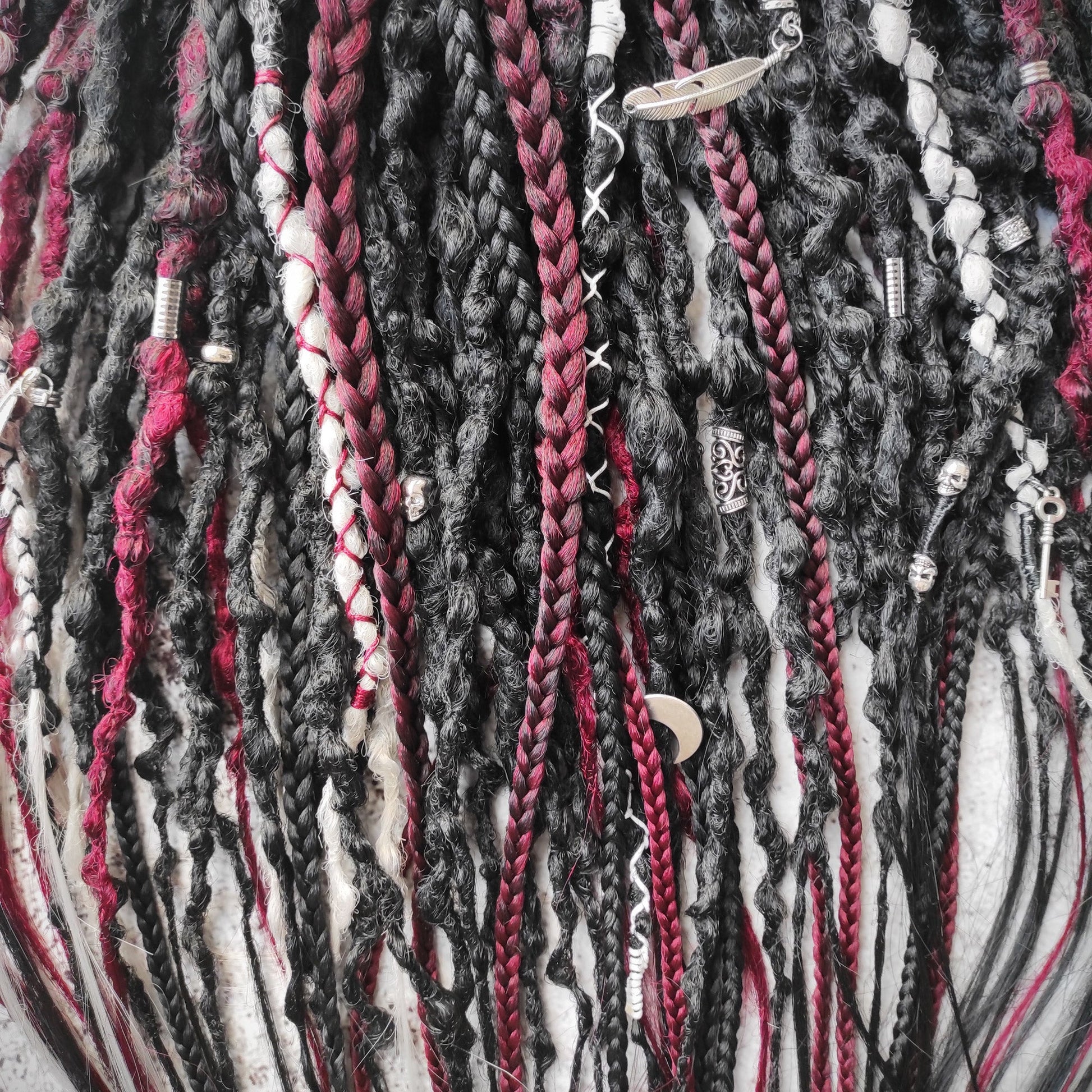 Black Solid with Red and Grey Ombre Synthetic Dreads