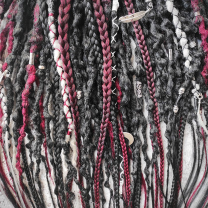Black Solid with Red and Grey Ombre Synthetic Dreads