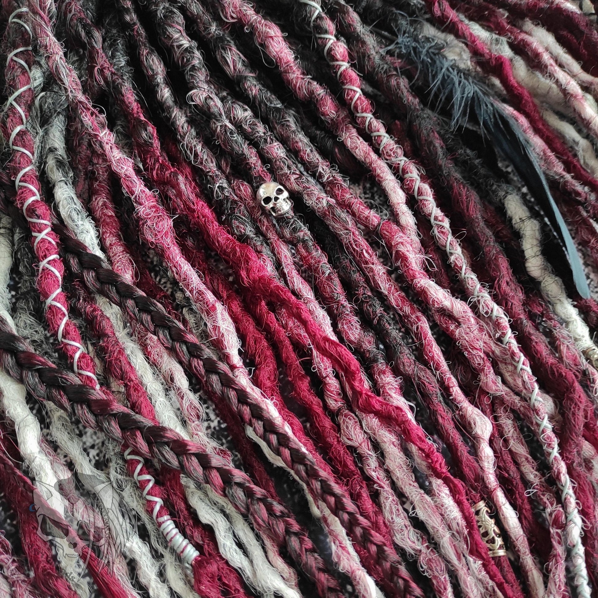 Black to Red and Grey Ombre Synthetic Dreads with Braids.