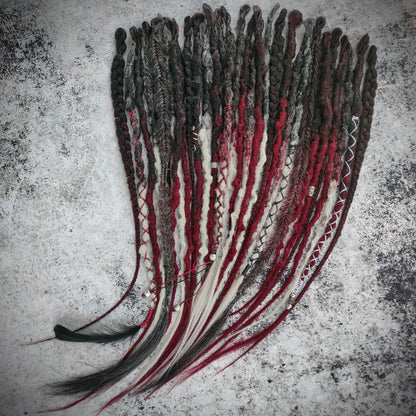 Black to Red and Grey Ombre Synthetic Dreads with Braids.