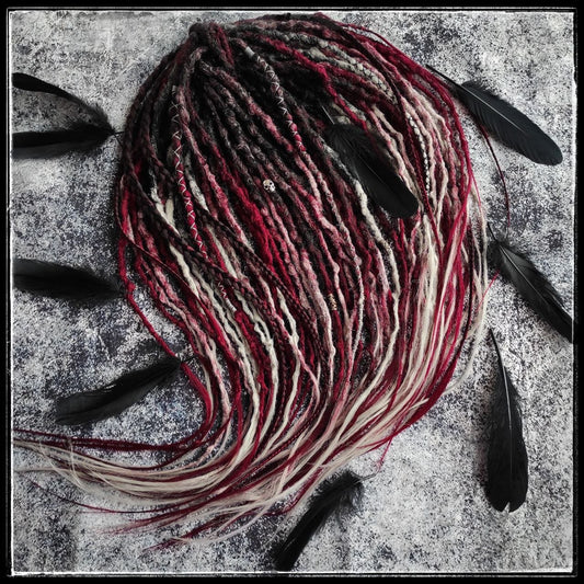 Black to Red and Grey Ombre Synthetic Dreads with Braids.