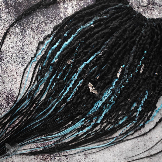 Black with Blue Goth Dreadlocks with Braids. Custom Synthetic Extensions.