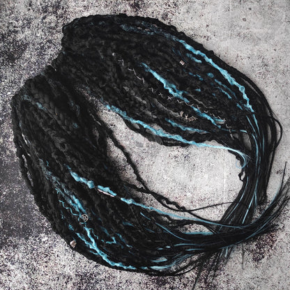 Black with Blue Goth Dreadlocks with Braids. Custom Synthetic Extensions.