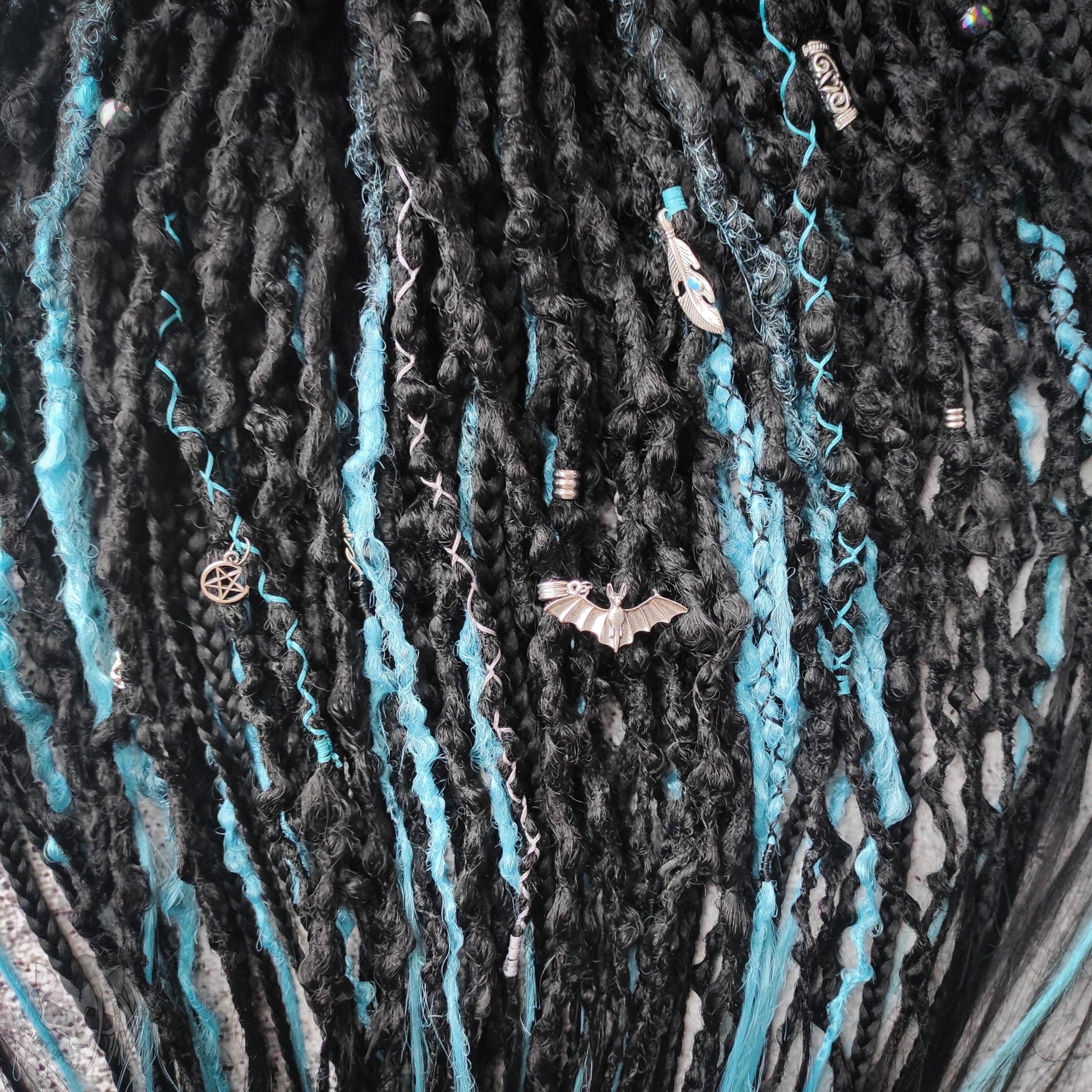 Black with Blue Goth Dreadlocks with Braids. Custom Synthetic Extensions.