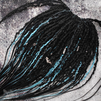 Black with Blue Goth Dreadlocks with Braids. Custom Synthetic Extensions.