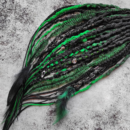 Goth Dreadlocks Black and Green with Feathers